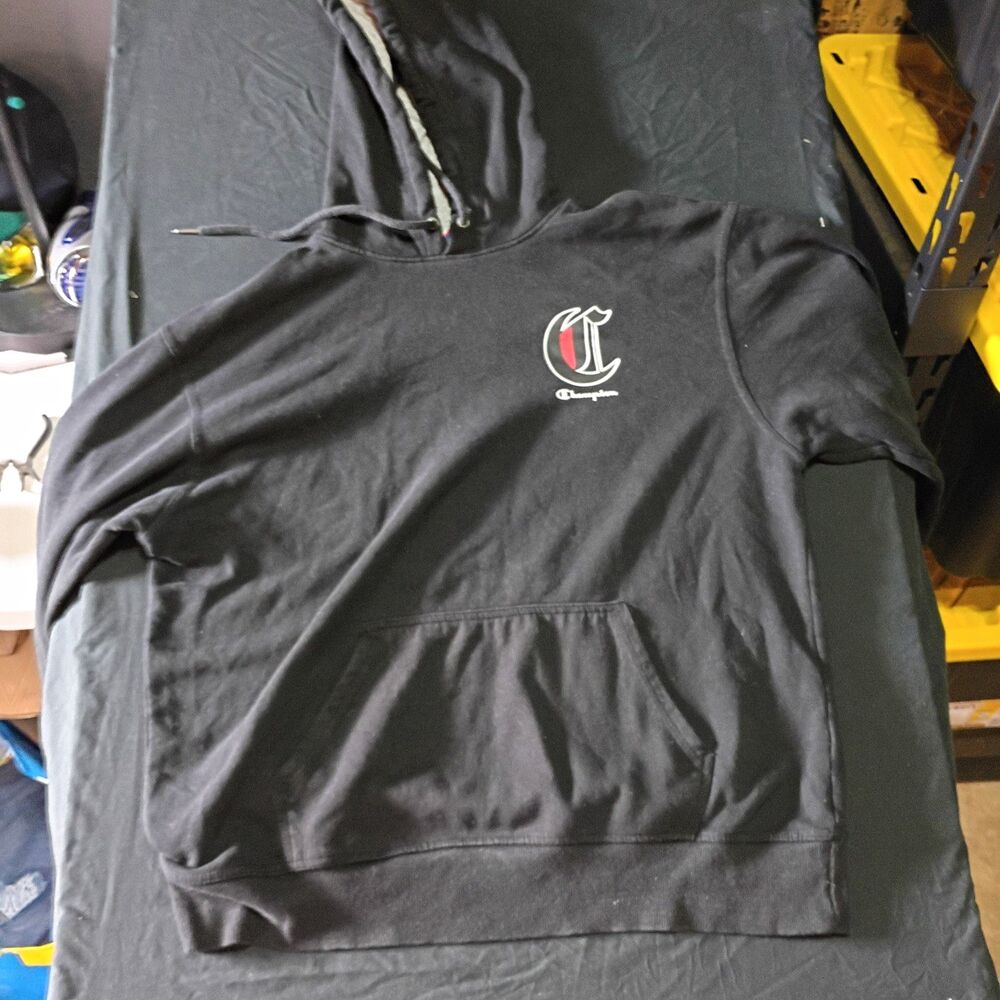 Champion Men's L Black Fleece Pullover Hoodie Graphic Logo Pocket
